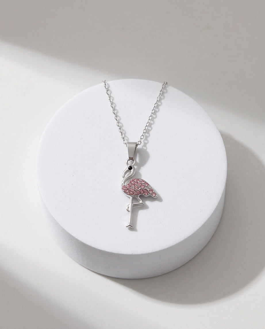 Silver Pink Crystal Paved Flamingo Pendant Necklace