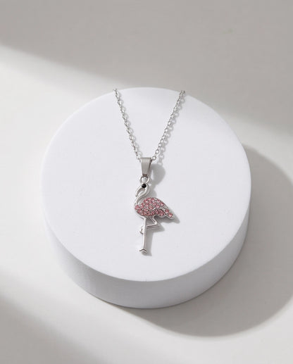Silver Pink Crystal Paved Flamingo Pendant Necklace