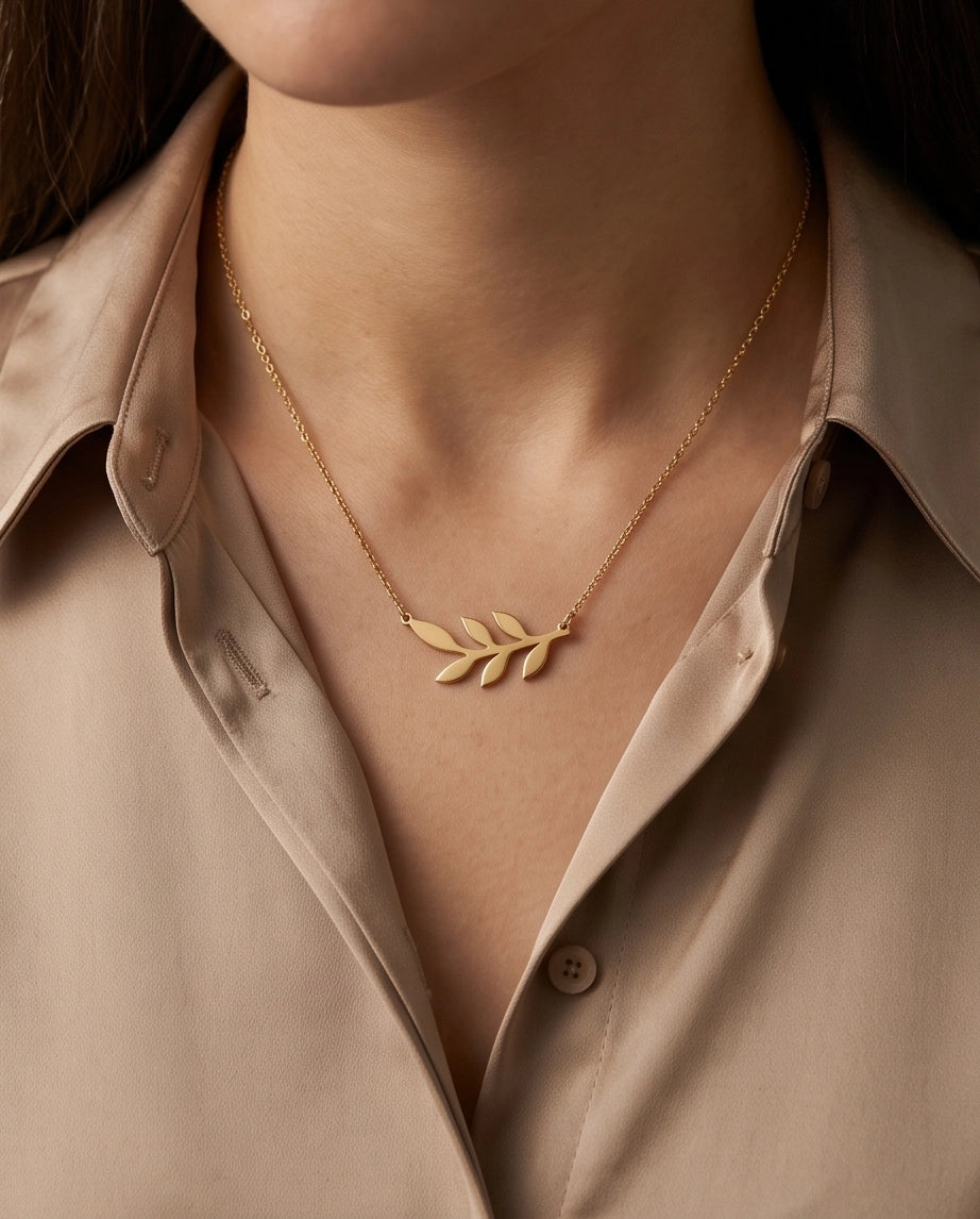 Gold Olive Leaf Branch Necklace