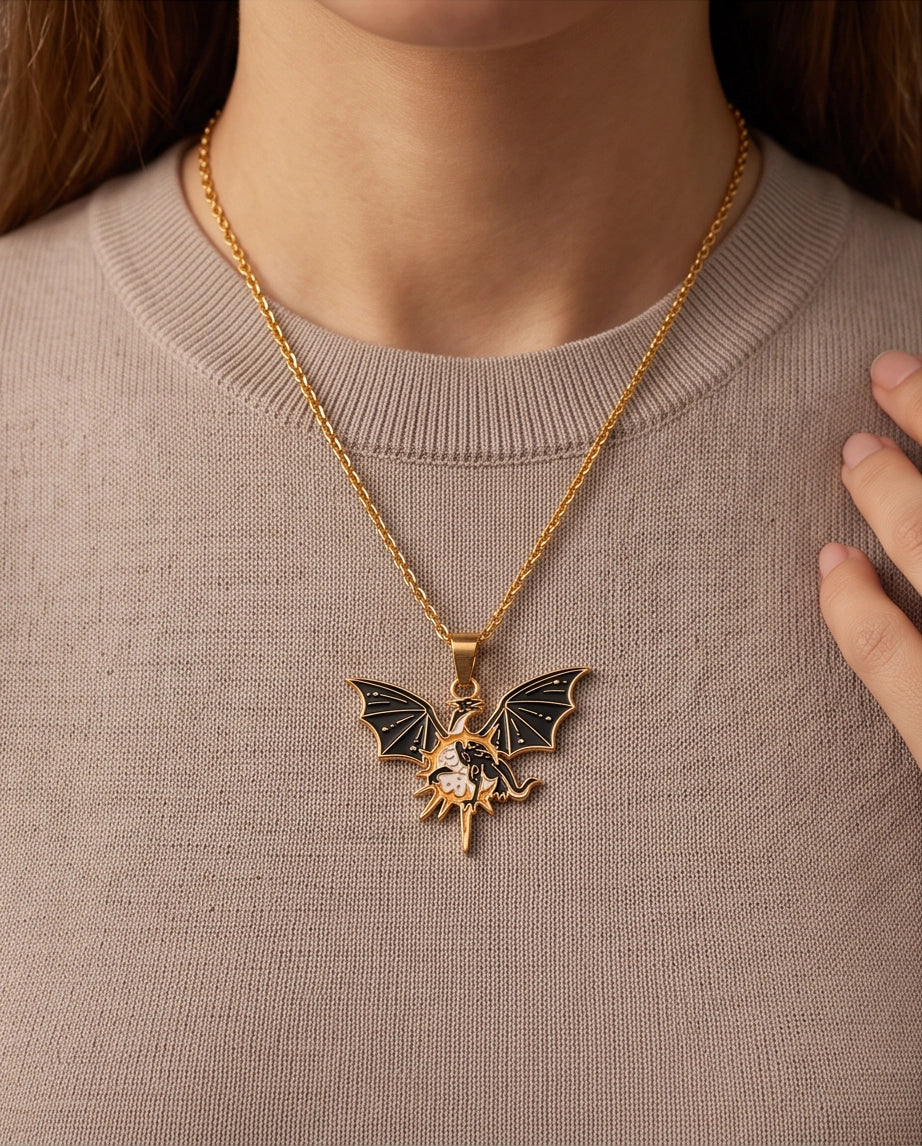 Gold Celestial Winged Dragon Enamel Pendant Necklace