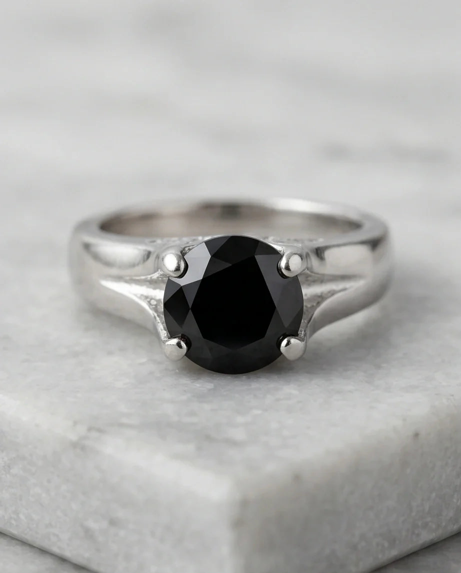 Sterling Silver Celestial Star Black Solitaire Ring