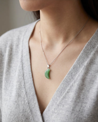 Silver Jade Green Crescent Moon Pendant Necklace