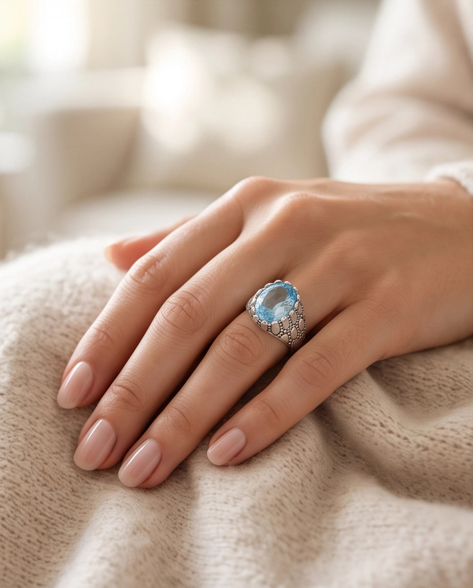 Ice Blue Oval-Cut Gemstone Scaled Bezel Silver Ring
