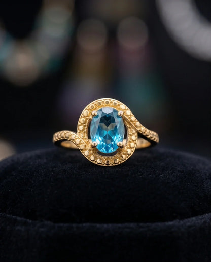 Luxury Gold Oval Swiss Blue Topaz Swirl Halo Ring