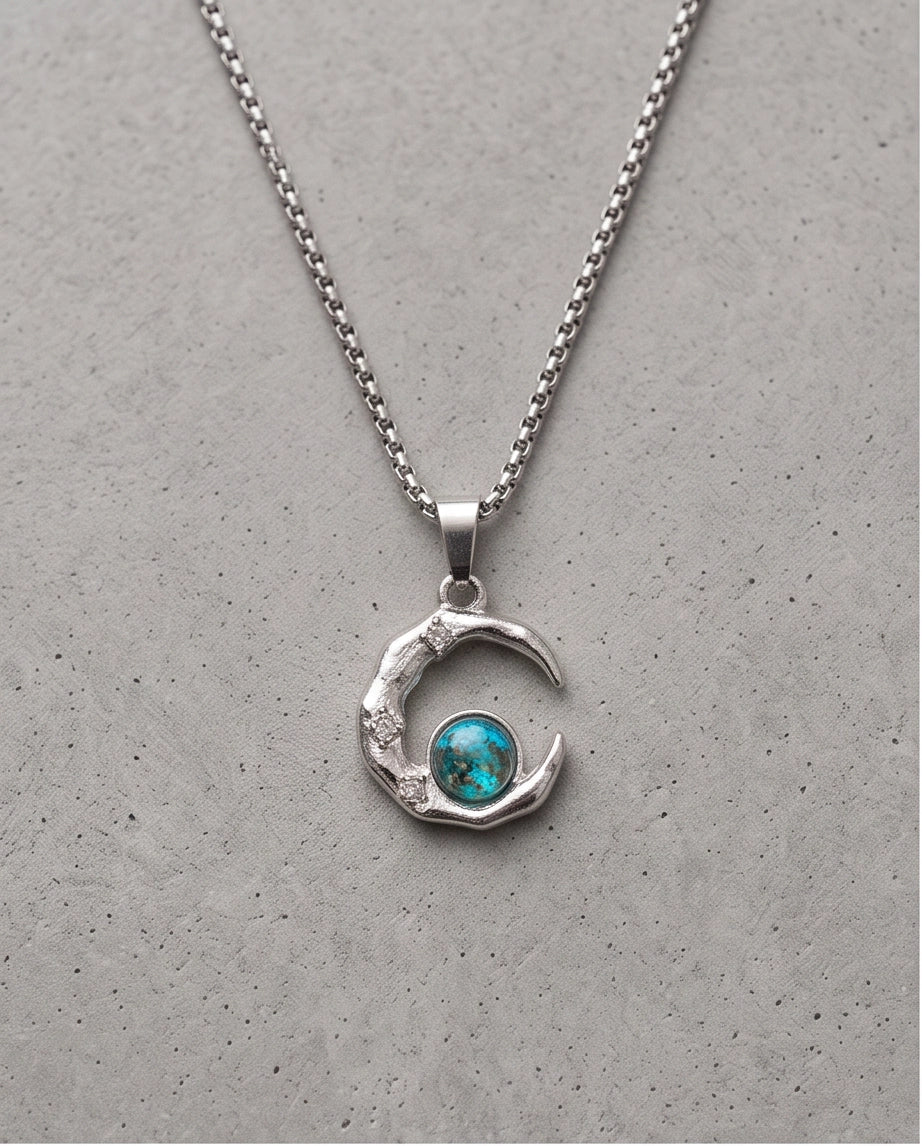 Silver Hammered Crescent Moon Blue Opal Orb Pendant Necklace