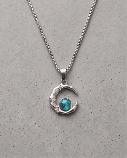 Silver Hammered Crescent Moon Blue Opal Orb Pendant Necklace