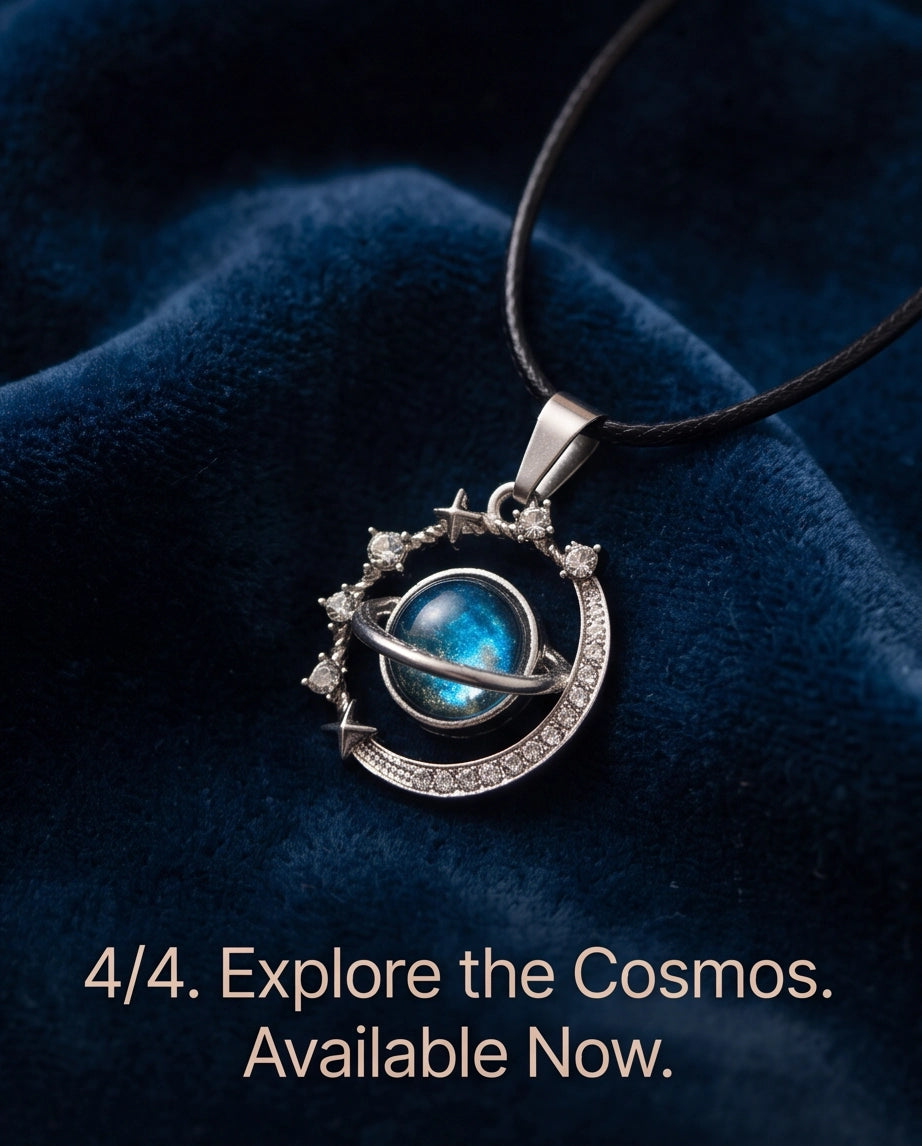 Silver Cosmic Galaxy Planet Crescent Pendant Necklace