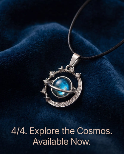 Silver Cosmic Galaxy Planet Crescent Pendant Necklace