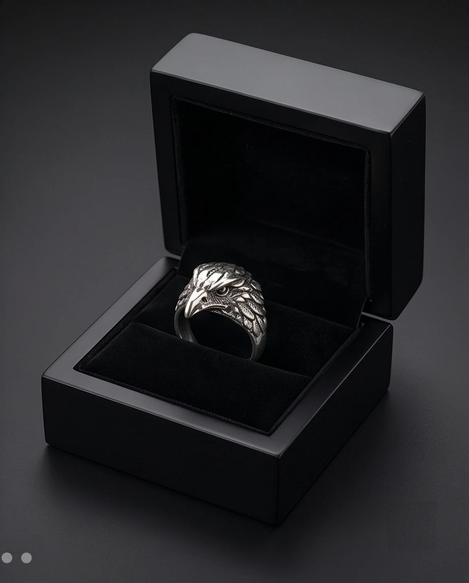 Vintage Silver Oxidized Eagle Head Biker Statement Ring