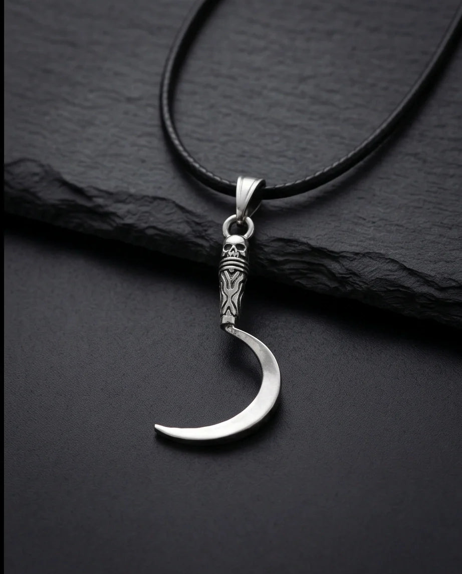 The Reaper's Crescent: Gothic Skull Sickle Pendant Necklace