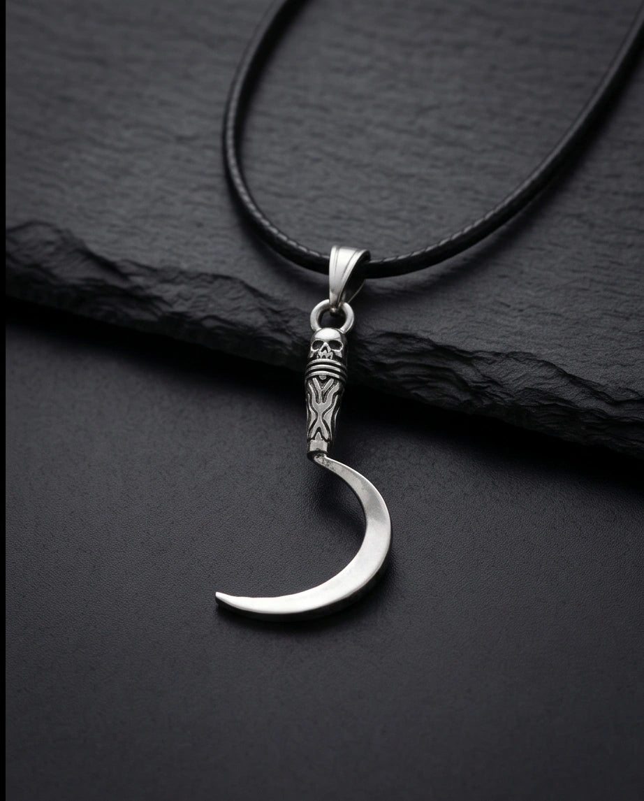 The Reaper's Crescent: Gothic Skull Sickle Pendant Necklace