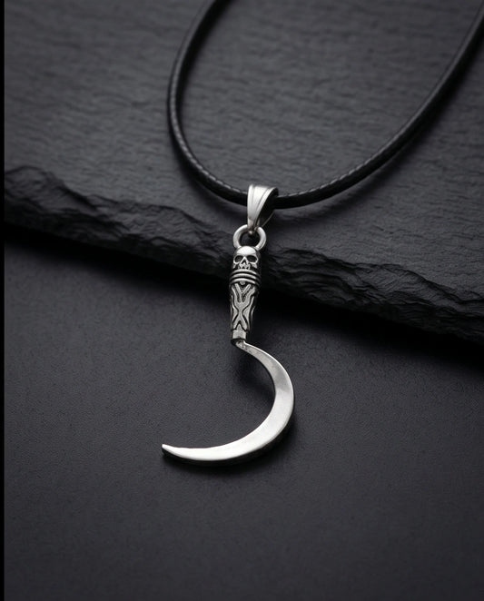 The Reaper's Crescent: Gothic Skull Sickle Pendant Necklace