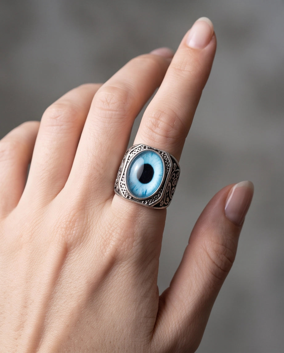 Cyan Sky-Blue Evil Eye Cabochon Gothic Filigree Silver Ring