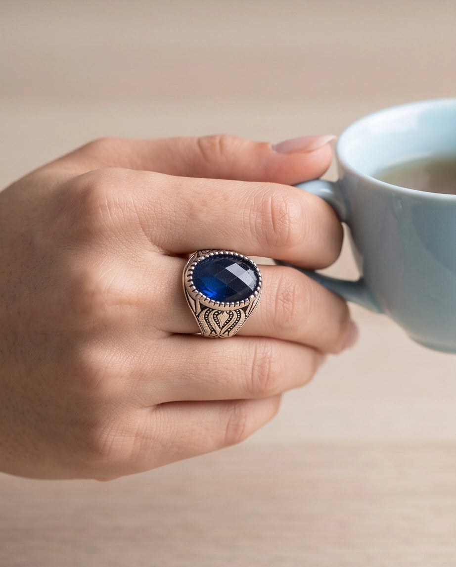 Sapphire Blue Oval-Cut Gemstone Beaded Bezel Textured Silver Ring