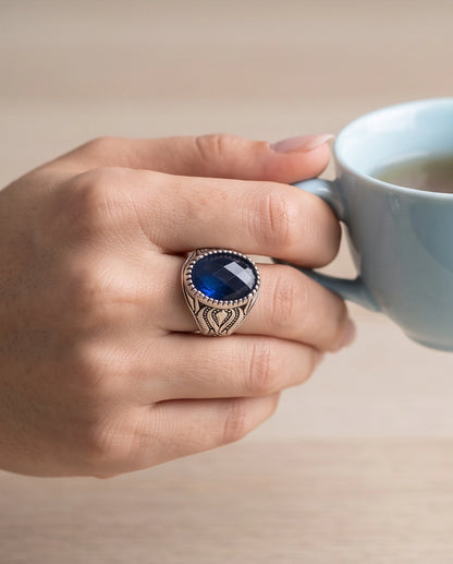 Sapphire Blue Oval-Cut Gemstone Beaded Bezel Textured Silver Ring