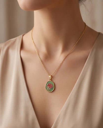 Gold Red Rose Enamel Medallion Chain Necklace