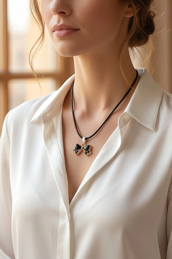 Gold and Black Ribbon Bow Necklace