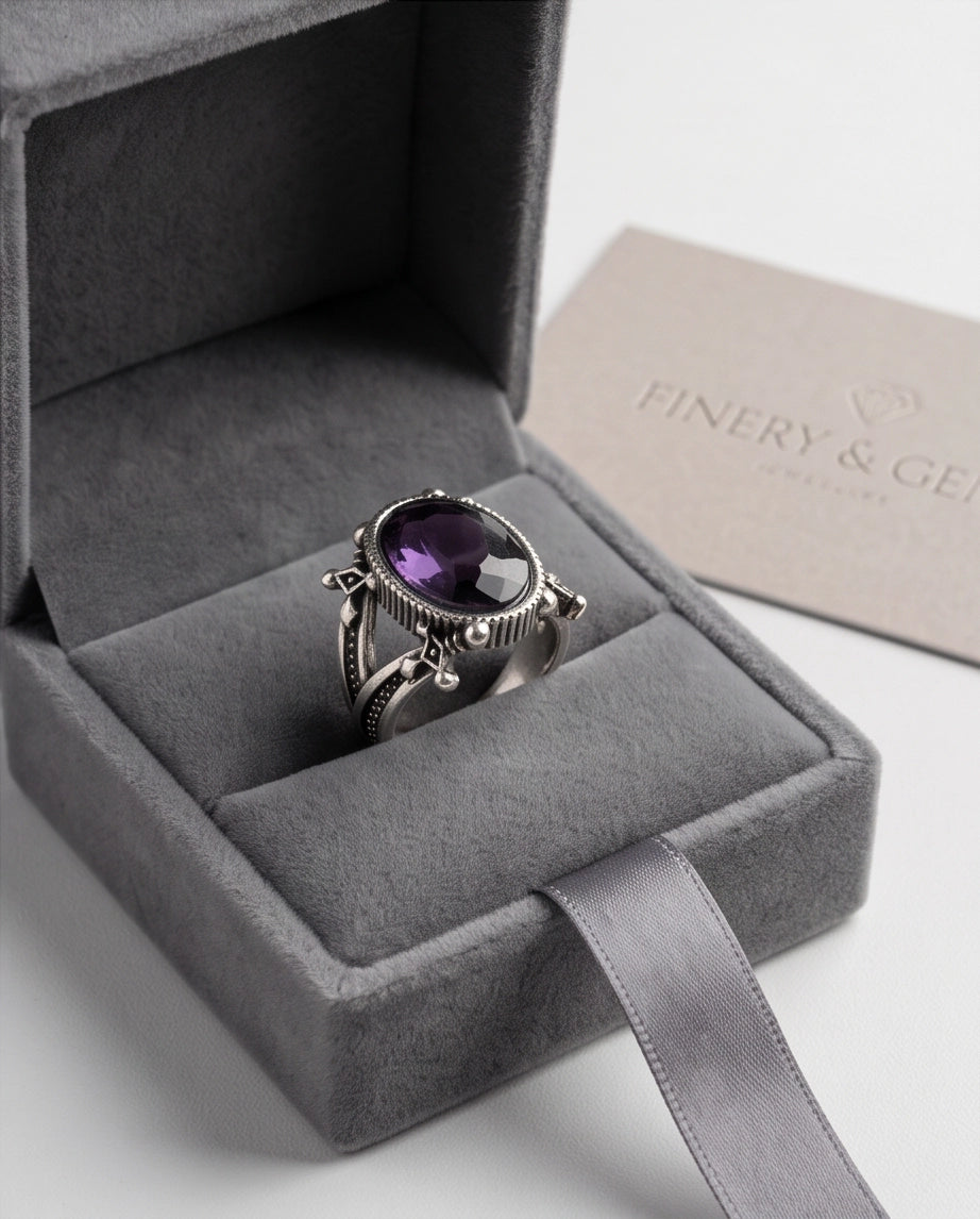 Amethyst Gemstone Fluted Bezel Sword-Cross Silver Ring