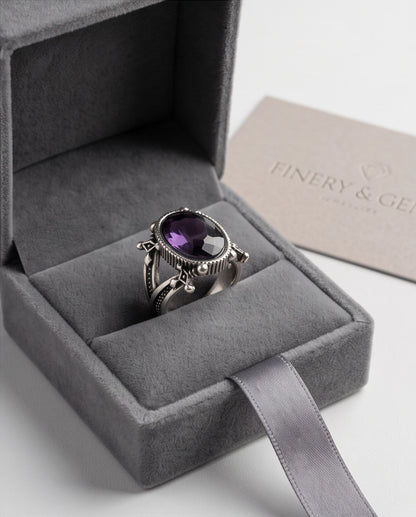 Amethyst Gemstone Fluted Bezel Sword-Cross Silver Ring