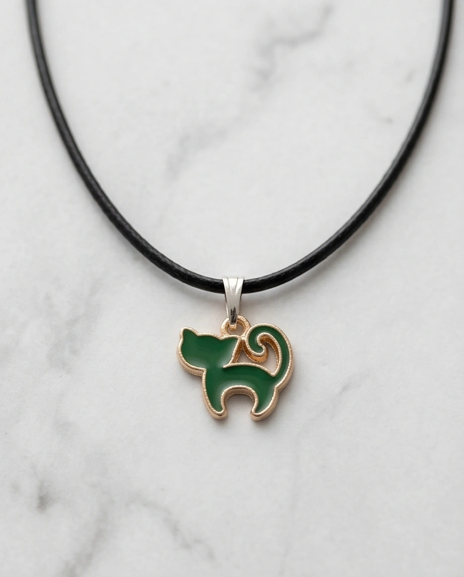 Gold and Green Cat Pendant Necklace