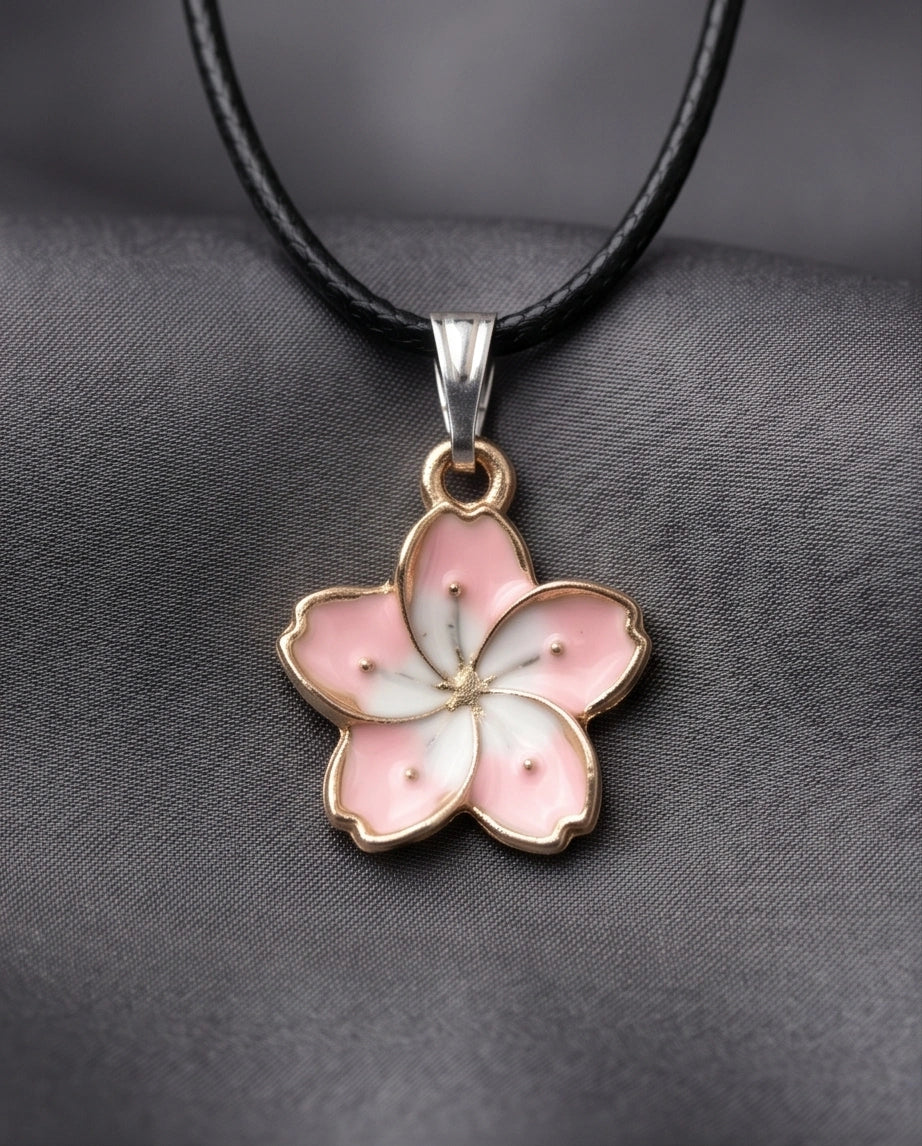 Blushing Cherry Blossom Enamel Pendant Necklace