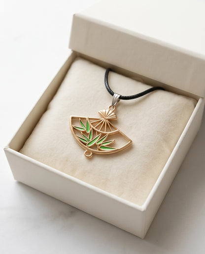 Green Bamboo Fan Pendant Necklace