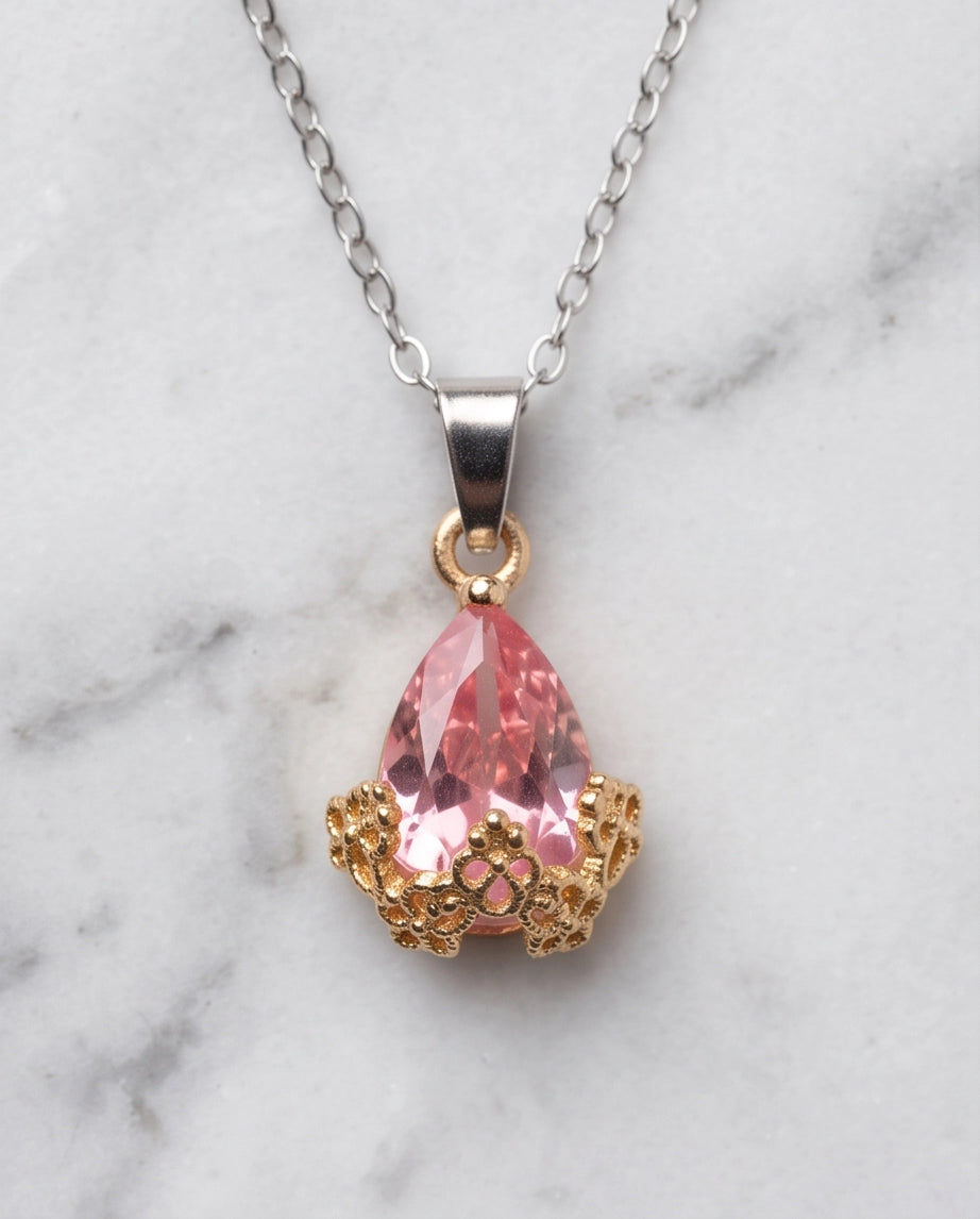 Gold Pink Teardrop Floral Basket Pendant Necklace
