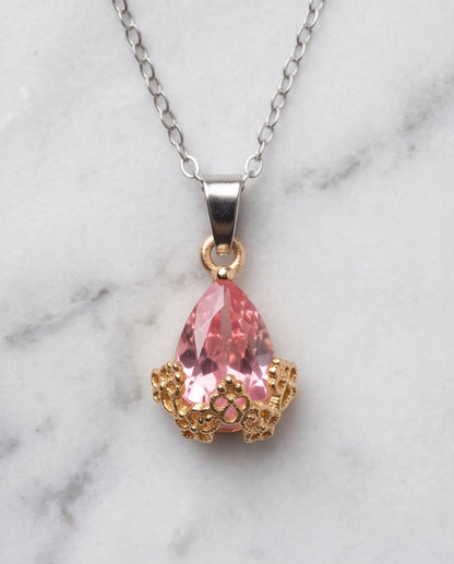 Gold Pink Teardrop Floral Basket Pendant Necklace