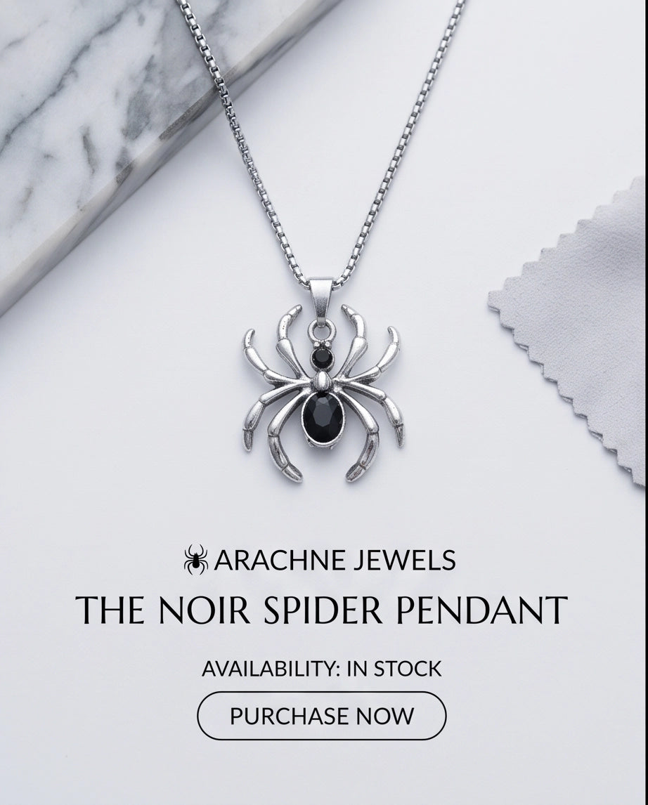 Silver Black Gemstone Spider Pendant Necklace