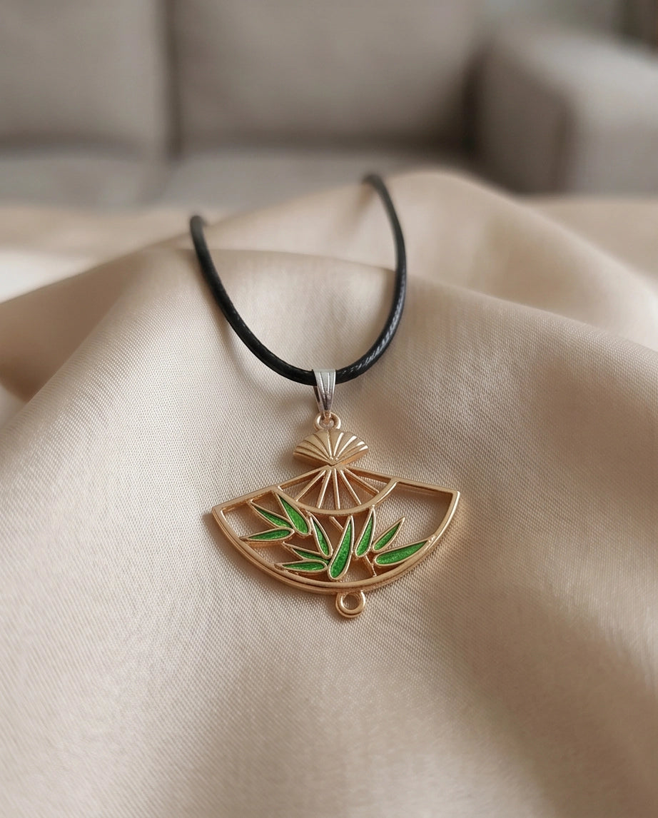 Green Bamboo Fan Pendant Necklace