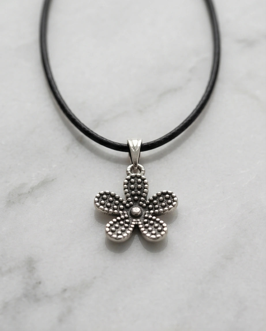 Silver Beaded Textured Flower Necklace