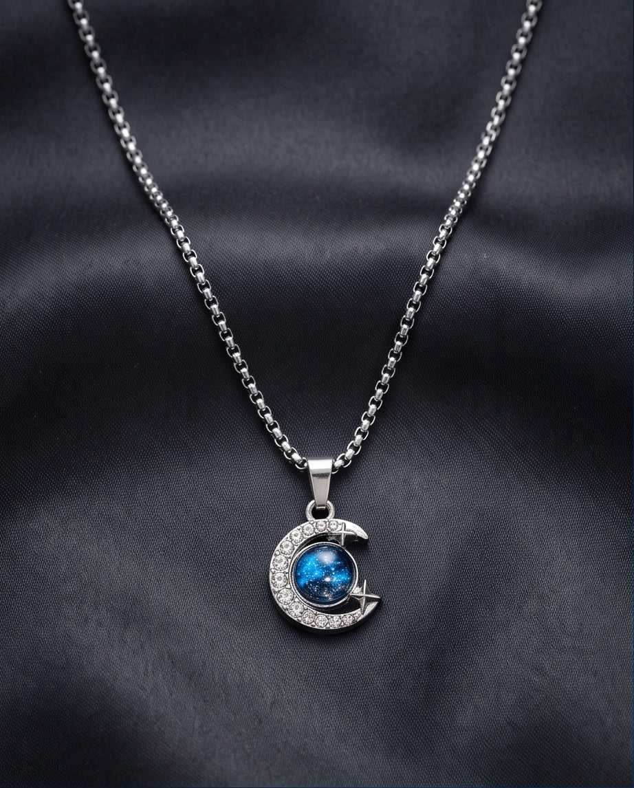 Silver Cosmic Galaxy Crescent Moon Pendant Necklace