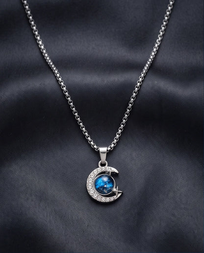 Silver Cosmic Galaxy Crescent Moon Pendant Necklace