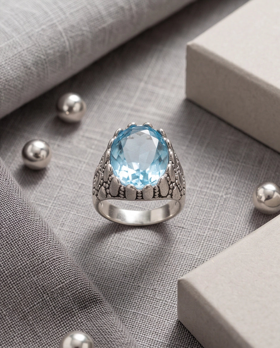 Ice Blue Oval-Cut Gemstone Scaled Bezel Silver Ring