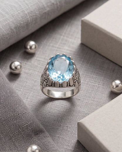 Ice Blue Oval-Cut Gemstone Scaled Bezel Silver Ring