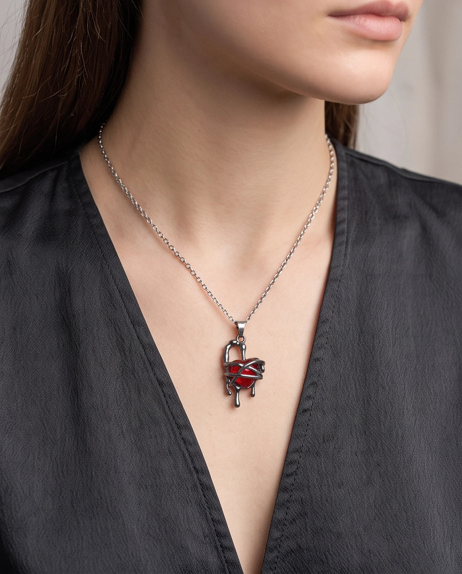 Black Thorny Dripping Heart Red Gem Pendant Necklace