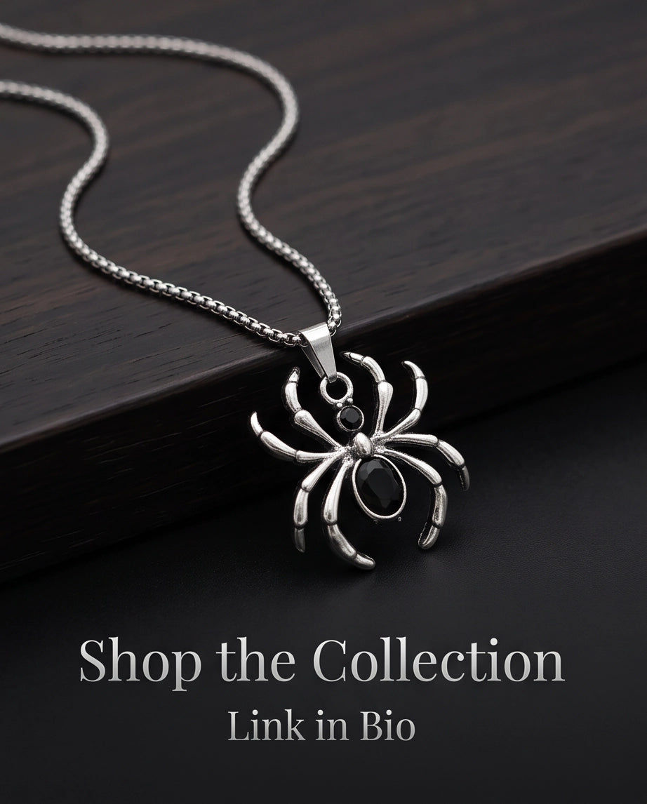Silver Black Gemstone Spider Pendant Necklace