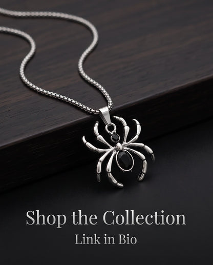 Silver Black Gemstone Spider Pendant Necklace