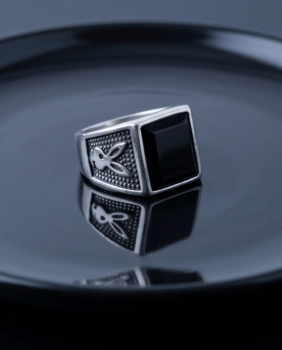 Pyramid Cut Onyx-Style Bunny Motif Stippled Silver Ring