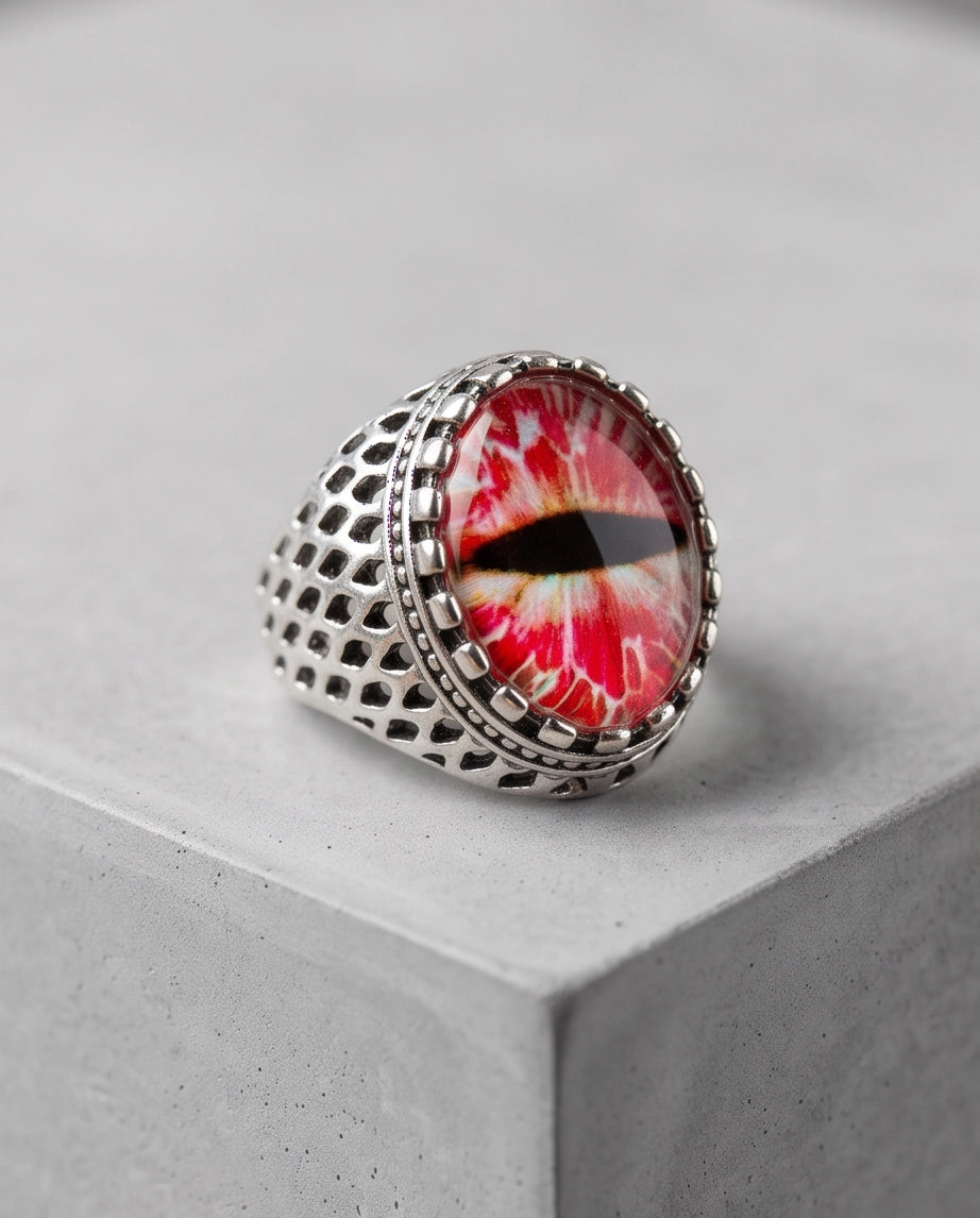 Crimson Lattice Slit-Pupil Silver Ring