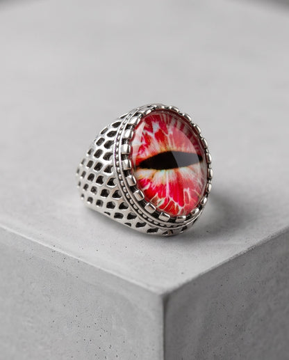 Crimson Lattice Slit-Pupil Silver Ring