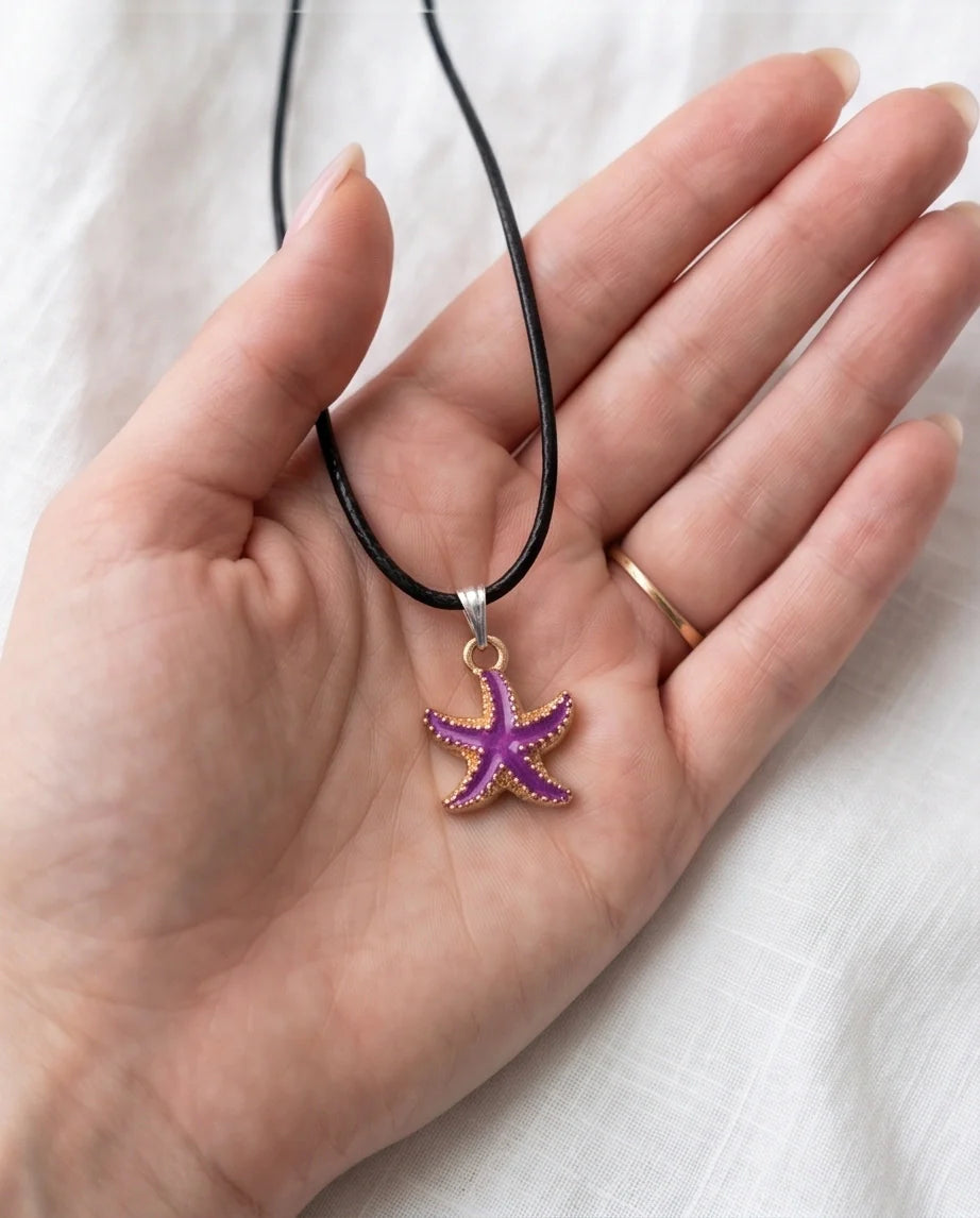 Textured Purple Starfish Enamel Pendant Necklace
