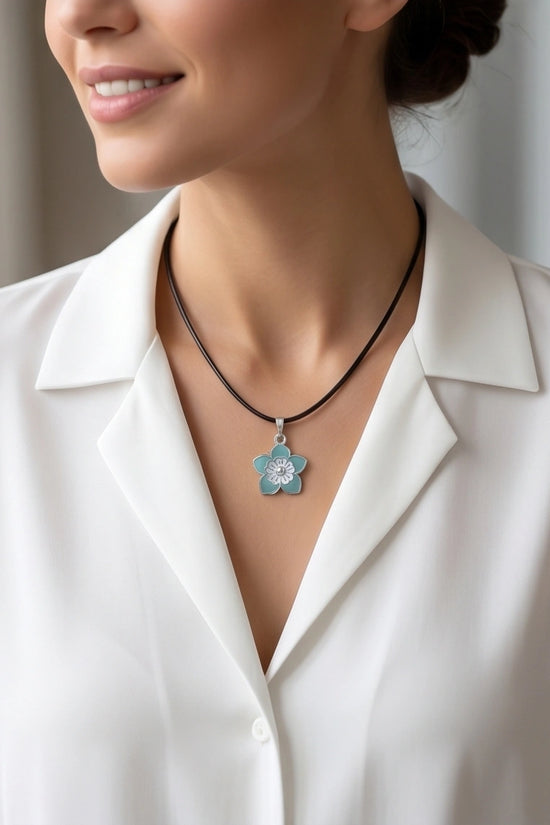 Serene Blue and White Layered Floral Enamel Pendant Necklace