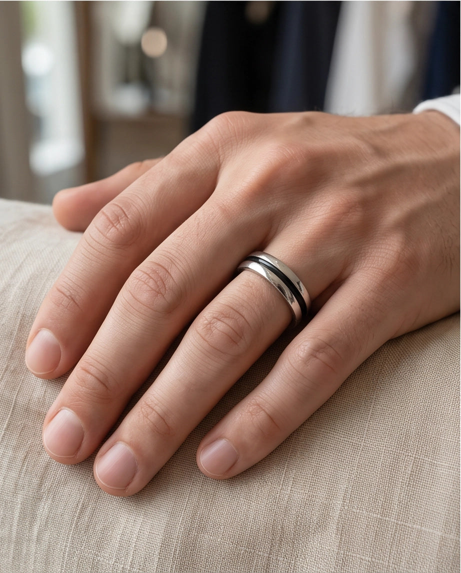 Dual-Tone Inlaid Channel Silver Band