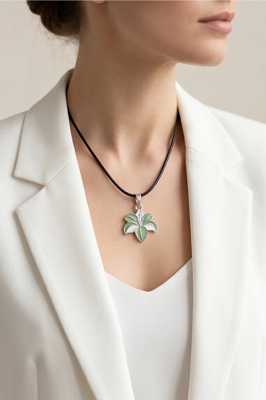 Elegant Green and White Lily Enamel Pendant Necklace