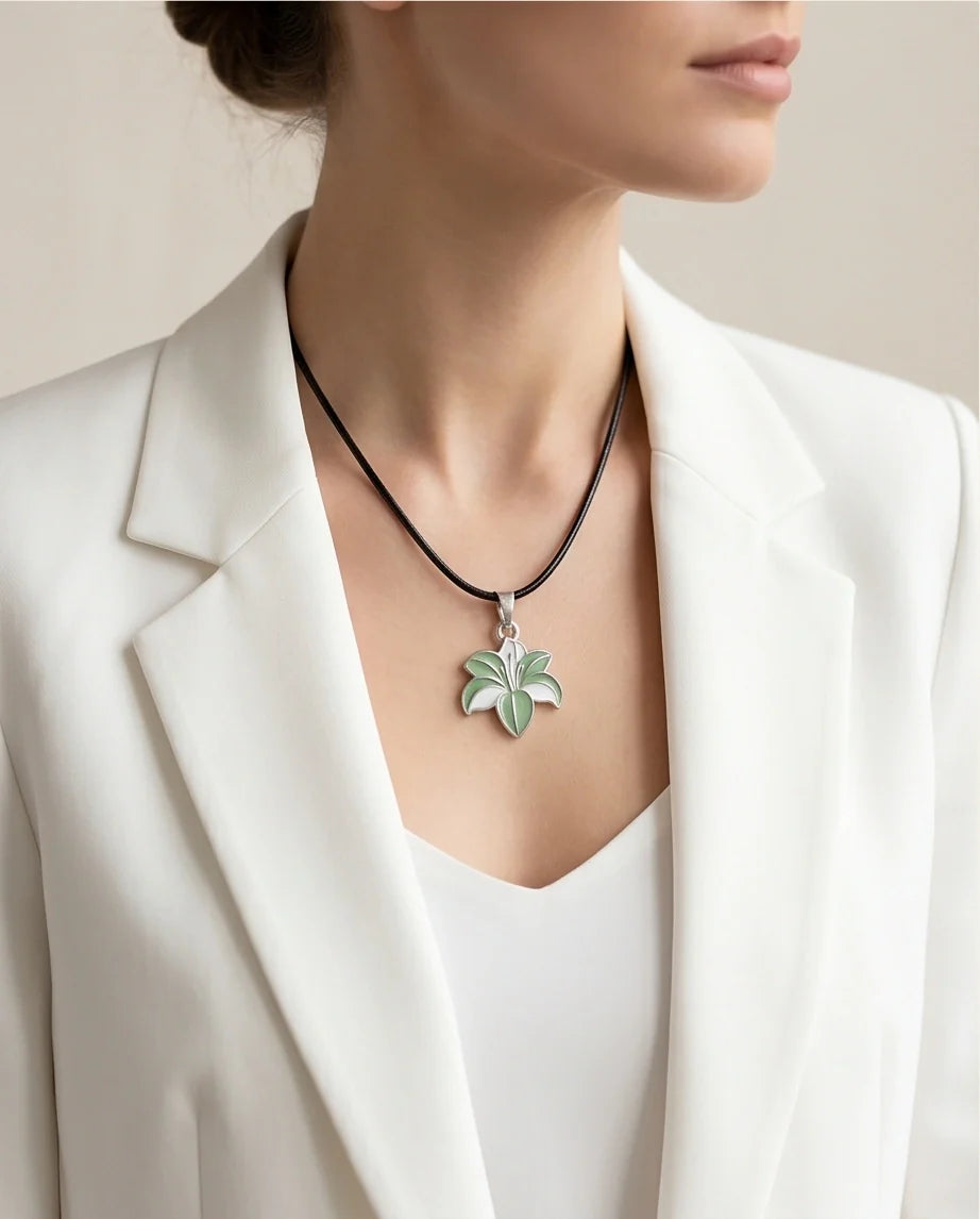 Elegant Green and White Lily Enamel Pendant Necklace