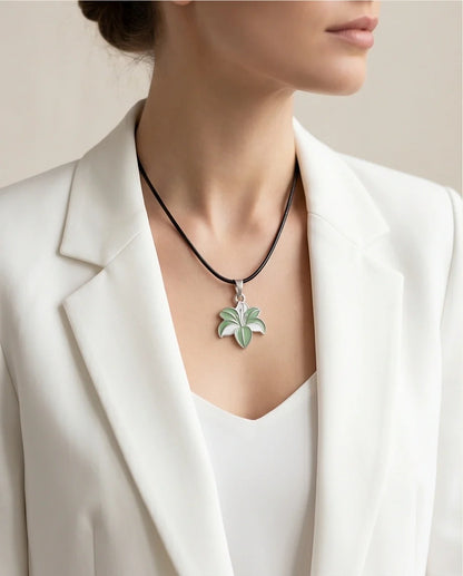 Elegant Green and White Lily Enamel Pendant Necklace