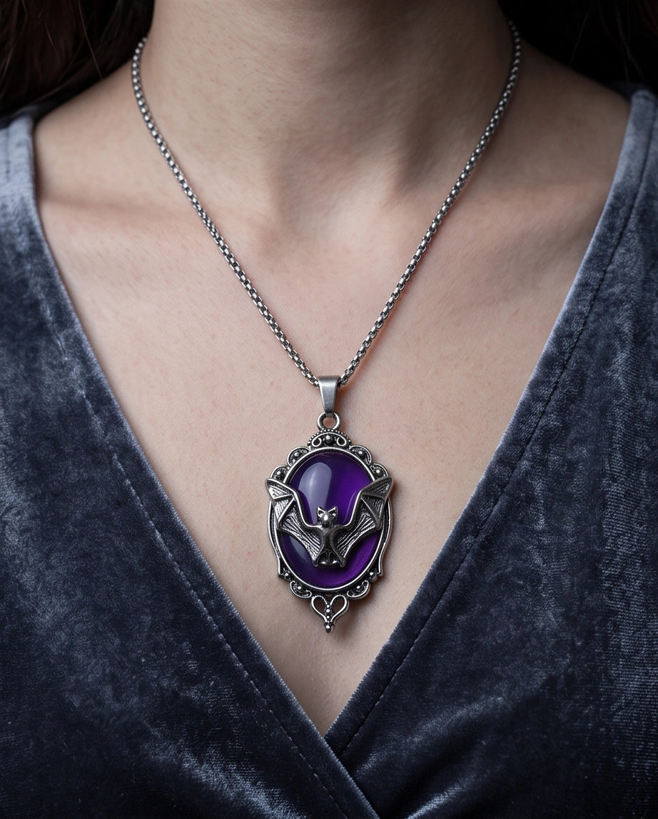Antique Silver Gothic Bat Purple Enamel Medallion Chain Necklace