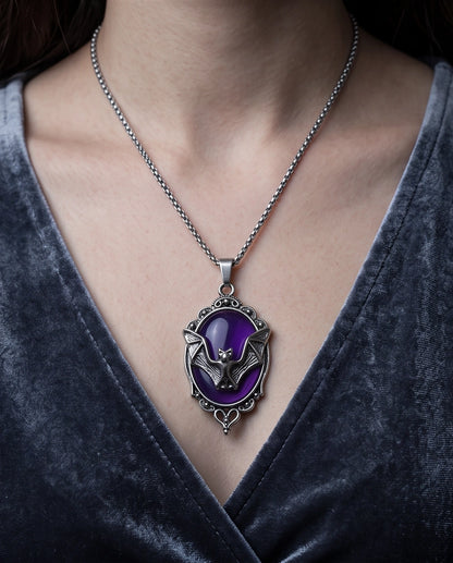 Antique Silver Gothic Bat Purple Enamel Medallion Chain Necklace