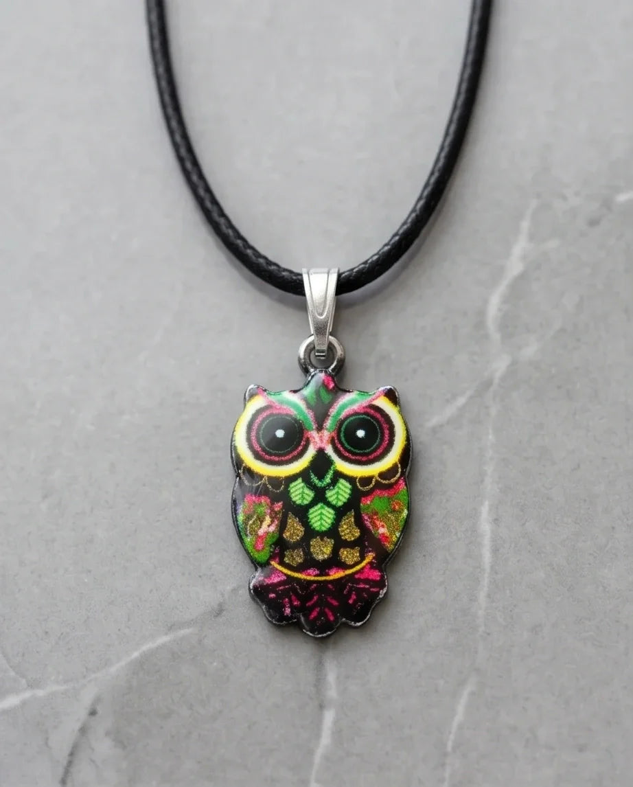 Neon Cyberpunk Owl Totem Pendant Necklace